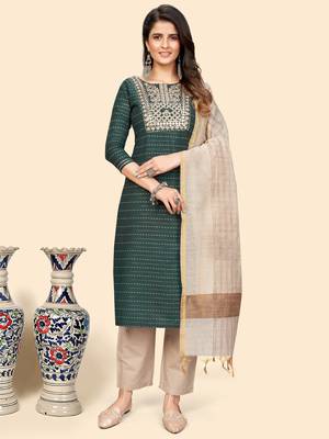 Embroidered & Mirror Straight Cotton Teal Green Stitched Kurta Pant With Dupatta 1