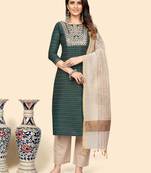 Embroidered & Mirror Straight Cotton Teal Green Stitched Kurta Pant With Dupatta
