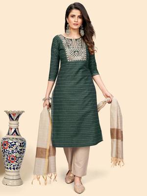 Embroidered & Mirror Straight Cotton Teal Green Stitched Kurta Pant With Dupatta 3