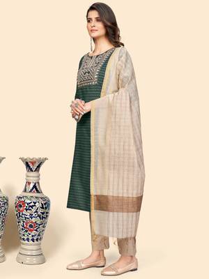Embroidered & Mirror Straight Cotton Teal Green Stitched Kurta Pant With Dupatta 5