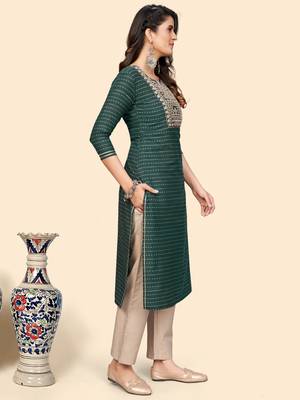 Embroidered & Mirror Straight Cotton Teal Green Stitched Kurta Pant With Dupatta 6