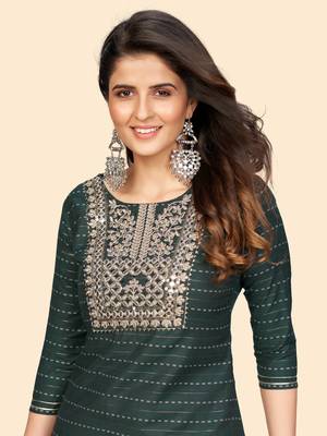 Embroidered & Mirror Straight Cotton Teal Green Stitched Kurta Pant With Dupatta 7