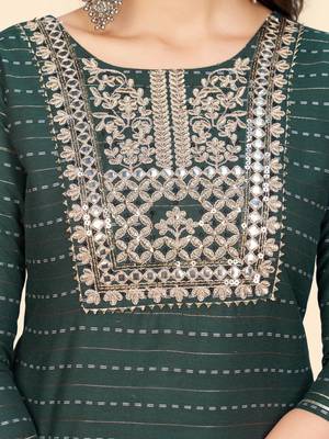 Embroidered & Mirror Straight Cotton Teal Green Stitched Kurta Pant With Dupatta 8