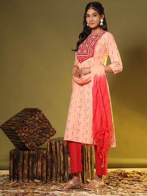 Embroidered & Mirror Straight Cotton Peach Stitched Kurta Pant With Dupatta 1