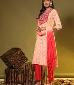 Embroidered & Mirror Straight Cotton Peach Stitched Kurta Pant With Dupatta