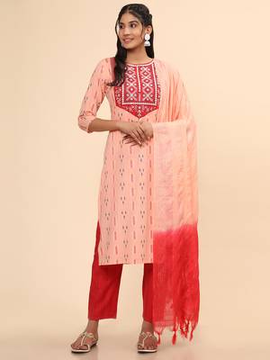Embroidered & Mirror Straight Cotton Peach Stitched Kurta Pant With Dupatta 3