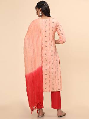 Embroidered & Mirror Straight Cotton Peach Stitched Kurta Pant With Dupatta 4