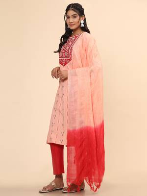 Embroidered & Mirror Straight Cotton Peach Stitched Kurta Pant With Dupatta 5