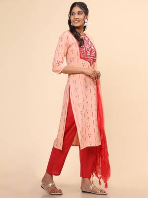 Embroidered & Mirror Straight Cotton Peach Stitched Kurta Pant With Dupatta 6