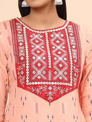 Embroidered & Mirror Straight Cotton Peach Stitched Kurta Pant With Dupatta 7