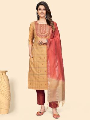 Embroidered & Sequience Straight Cotton Yellow Stitched Kurta Pant With Dupatta 1