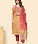 Embroidered & Sequience Straight Cotton Yellow Stitched Kurta Pant With Dupatta