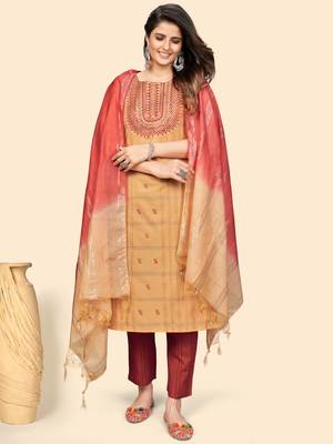 Embroidered & Sequience Straight Cotton Yellow Stitched Kurta Pant With Dupatta 3