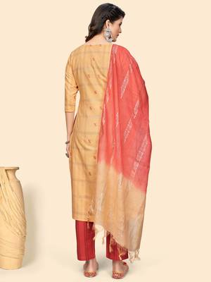 Embroidered & Sequience Straight Cotton Yellow Stitched Kurta Pant With Dupatta 4