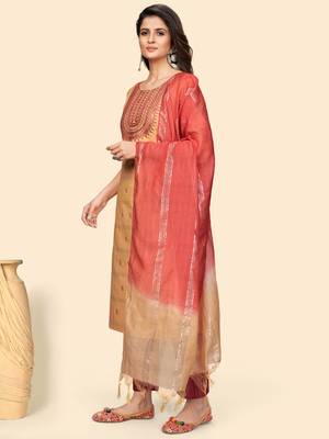 Embroidered & Sequience Straight Cotton Yellow Stitched Kurta Pant With Dupatta 5