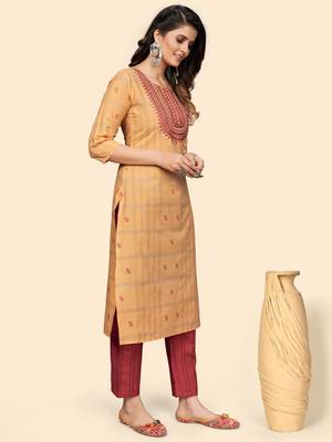 Embroidered & Sequience Straight Cotton Yellow Stitched Kurta Pant With Dupatta 6