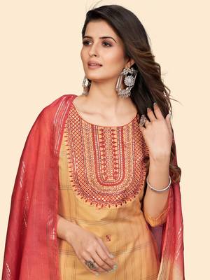 Embroidered & Sequience Straight Cotton Yellow Stitched Kurta Pant With Dupatta 7