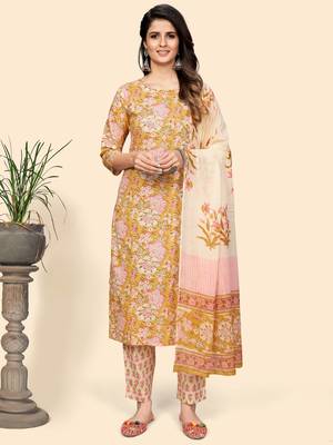Printed & Sequience Straight Cotton Yellow Stitched Kurta Pant With Dupatta 1
