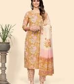 Printed & Sequience Straight Cotton Yellow Stitched Kurta Pant With Dupatta