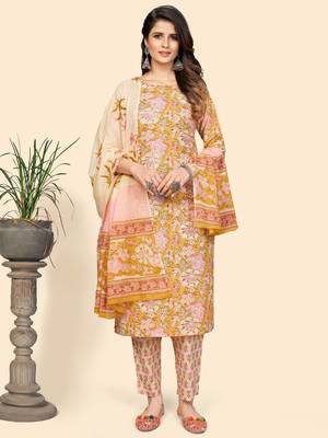 Printed & Sequience Straight Cotton Yellow Stitched Kurta Pant With Dupatta 3