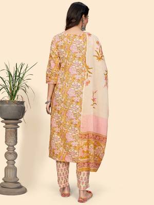 Printed & Sequience Straight Cotton Yellow Stitched Kurta Pant With Dupatta 4