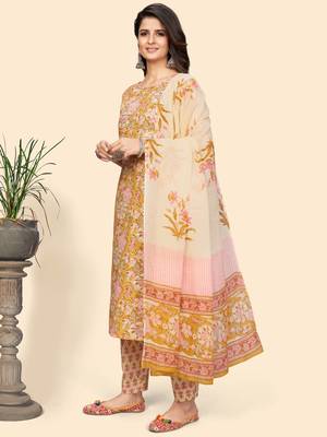 Printed & Sequience Straight Cotton Yellow Stitched Kurta Pant With Dupatta 5