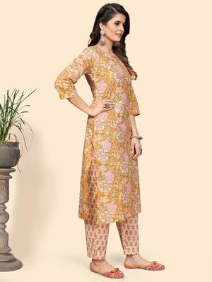 Printed & Sequience Straight Cotton Yellow Stitched Kurta Pant With Dupatta 6