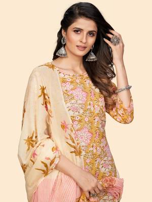 Printed & Sequience Straight Cotton Yellow Stitched Kurta Pant With Dupatta 7