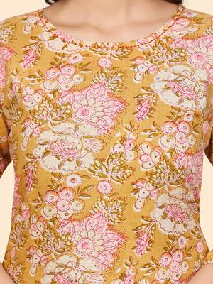 Printed & Sequience Straight Cotton Yellow Stitched Kurta Pant With Dupatta 8