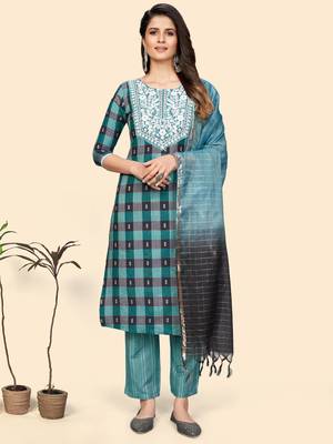 Embroidered & Mirror Straight Cotton Aqua Stitched Kurta Pant With Dupatta 1