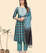 Embroidered & Mirror Straight Cotton Aqua Stitched Kurta Pant With Dupatta