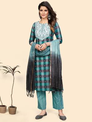 Embroidered & Mirror Straight Cotton Aqua Stitched Kurta Pant With Dupatta 3