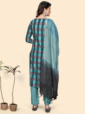 Embroidered & Mirror Straight Cotton Aqua Stitched Kurta Pant With Dupatta 4