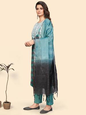 Embroidered & Mirror Straight Cotton Aqua Stitched Kurta Pant With Dupatta 5