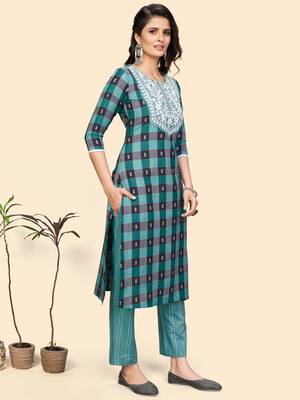Embroidered & Mirror Straight Cotton Aqua Stitched Kurta Pant With Dupatta 6