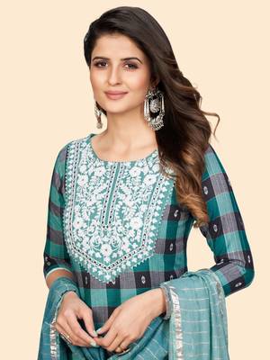 Embroidered & Mirror Straight Cotton Aqua Stitched Kurta Pant With Dupatta 7