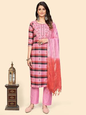Printed & Embroidered Straight Cotton Pink Stitched Kurta Pant With Dupatta 1