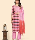 Printed & Embroidered Straight Cotton Pink Stitched Kurta Pant With Dupatta