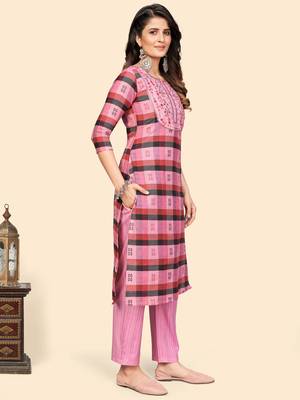 Printed & Embroidered Straight Cotton Pink Stitched Kurta Pant With Dupatta 6