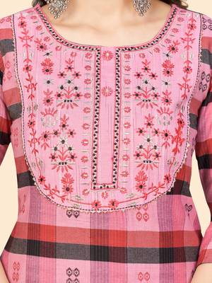 Printed & Embroidered Straight Cotton Pink Stitched Kurta Pant With Dupatta 7