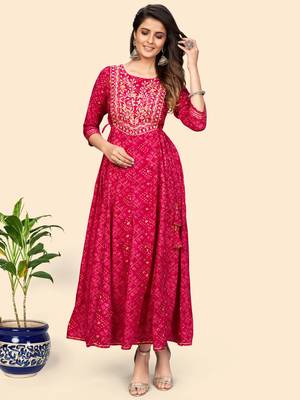 Printed & Embroidered Anarkali Rayon Pink Stitched Kurta 1