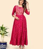 Printed & Embroidered Anarkali Rayon Pink Stitched Kurta