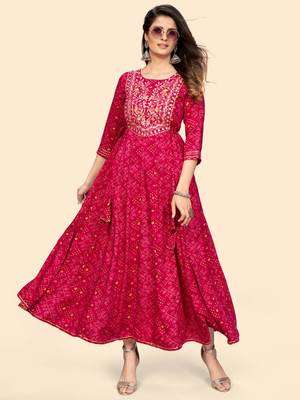 Printed & Embroidered Anarkali Rayon Pink Stitched Kurta 3