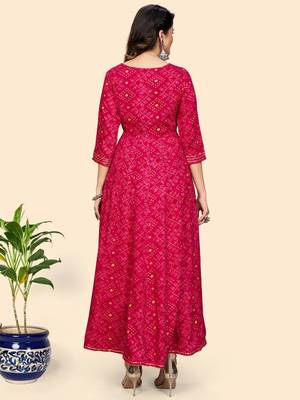 Printed & Embroidered Anarkali Rayon Pink Stitched Kurta 4