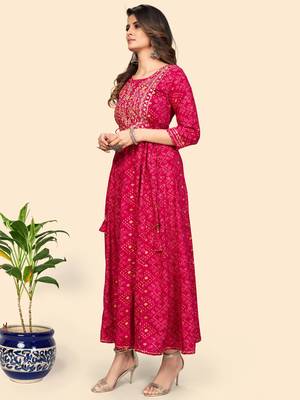 Printed & Embroidered Anarkali Rayon Pink Stitched Kurta 5