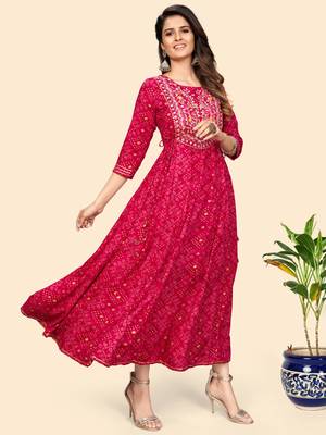 Printed & Embroidered Anarkali Rayon Pink Stitched Kurta 6