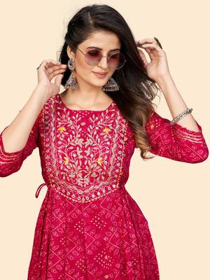 Printed & Embroidered Anarkali Rayon Pink Stitched Kurta 7