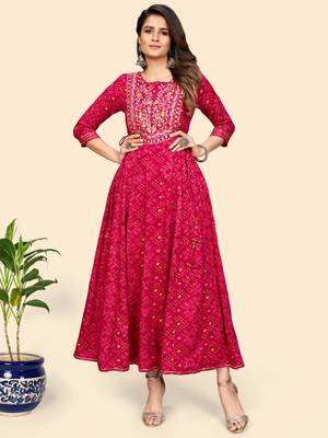 Printed & Embroidered Anarkali Rayon Pink Stitched Kurta 9