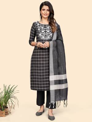 Printed & Embroidered Straight Cotton Black Stitched Kurta Pant With Dupatta 1