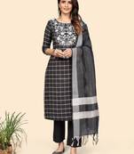 Printed & Embroidered Straight Cotton Black Stitched Kurta Pant With Dupatta